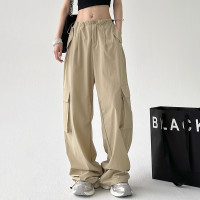 美式卡其色工裝褲女2023秋季高街設計感嘻哈高腰休閒闊腿降落傘褲