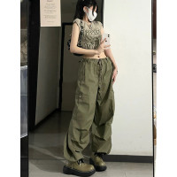 美式復古抽褶工裝褲女夏季薄款ins潮辣妹高腰設計感小眾束口褲子