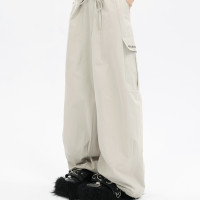 珍珍很懶 美式復古字母刺繡大口袋寬鬆工裝休閒抽繩闊腿褲早秋季