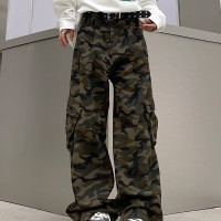 ZZHenL美式復古迷彩大口袋設計工裝長褲重磅休閒寬鬆嘻哈直筒歐美