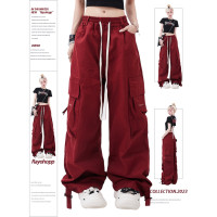 Rayohopp紅色工裝褲女夏季美式多巴胺穿搭甜酷寬鬆抽繩休閒長褲潮