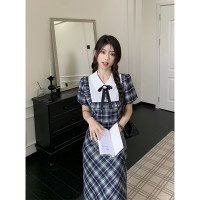 學院風格子連身裙女裝秋季律政俏佳人收腰設計感撞色蝴蝶結長裙子