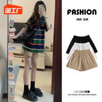 卡其工裝短褲女夏季2023年新款寬鬆闊腿小個子棉麻休閒五分運動褲