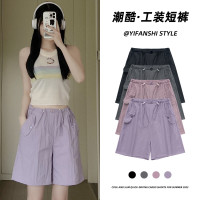 紫色運動短褲女夏季薄款高腰闊腿休閒顯瘦五分褲速乾小個子工裝褲