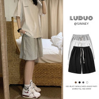 美式純棉運動短褲女夏季直筒寬鬆灰色休閒中褲ins潮闊腿五分褲子