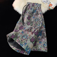 闊腿工裝短褲女2023新款設計感小眾大尺碼夏兔子塗鴉胖mm五分花褲子