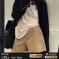 日系卡其色直筒工裝褲子女夏薄款2023新款寬鬆休閒百搭小個子短褲