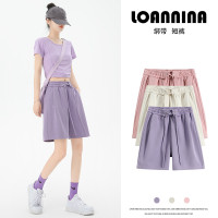 紫色運動短褲女夏季外穿薄款寬鬆高腰顯瘦休閒闊腿五分褲綁帶五分褲
