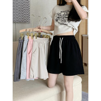 鬆緊腰闊腿短褲女秋季新款韓版高腰抽繩開叉設計感休閒遛彎褲子潮