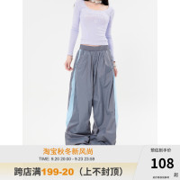 ZHL Studio美式運動休閒褲女國潮2023長褲新拼色寬鬆工裝抽繩夏季