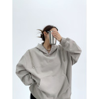 廢柴秋季高級感小眾肩膀拉鍊連帽運動衫寬鬆復古設計感情侶上衣女潮