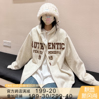 橘子樹在哪兒字母刺繡薄絨開衫連帽運動衫女秋季美式復古bf帽衫外套
