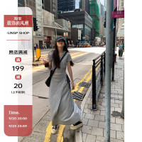 荒荒家 灰色綁帶上衣兩件套2023夏季新款韓版高腰A字垂感長裙女潮