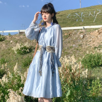 小鎮姍姍 紙舞蝴蝶~雙層木耳邊綁帶天絲洋裝2023新款高腰中長裙