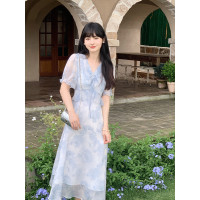 小鎮姍姍 浪漫莊園~荷葉邊V領碎花裙泡泡袖花邊領a字印花洋裝