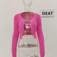 Женский трикотажный кардиган с круглым вырезом DEAT, облегающий однотонный короткий свитер с длинными рукавами и металлической пряжкой, весна 2023