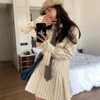 荒荒家條紋襯衫裙2023年秋季氣質休閒收腰顯瘦高腰短款A字洋裝