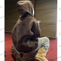 VintageTang美式復古深棕色刺繡連帽運動衫春秋寬鬆休閒帽衫禧叄D