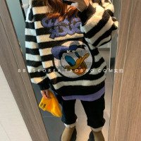 現貨韓國2023冬季女裝新款加厚條紋黑白小羊羔寬鬆衛衣外套