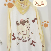 Yameko原創 布丁貓長袖厚棉T早秋可愛奶黃色二次元插肩袖貓咪