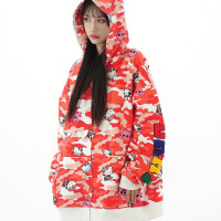 Amoeba美式復古國潮可愛滿印Hello迷彩連帽運動衫寬鬆秋季開衫外套