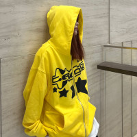 JU403 原創國潮星星字母印花連帽運動衫秋季男女寬鬆拉鍊開衫外套潮