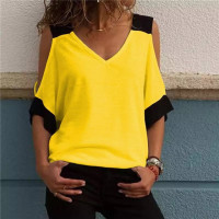 Женская футболка в стиле пэчворк с открытыми плечами 5XL, топы больших размеров, женская футболка с v-образным вырезом и половиной рукавов, летняя повседневная футболка для женщин