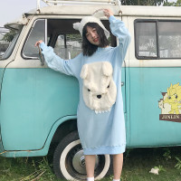 霓虹姑姑原創自制定製日本古著可愛童趣藍連帽卡通布貼衛衣裙長裙