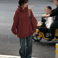 酒紅色連帽運動衫外套女春秋2023新款爆款oversize美式重磅寬鬆上衣