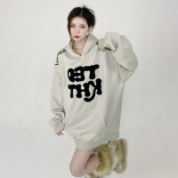 姝姬2023年春秋vintage美式復古加絨連帽運動衫開衫女oversize外套