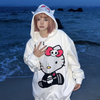 JU403 原創國潮Hello Kitty貓印花連帽運動衫女寬鬆拉鍊開衫外套ins