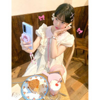 甜美撞色娃娃領泡泡袖蕾絲花邊洋裝女夏寬鬆顯瘦遮肉小個子短裙