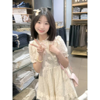 花邊領白色襯衫洋裝女夏季2023新款收腰顯瘦泡泡袖A字短裙裙子