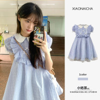 夏季法式藍色格紋蕾絲邊娃娃領洋裝女小個子甜美可愛公主蓬蓬裙
