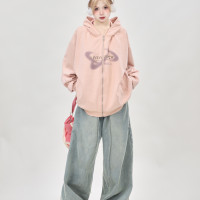 美式寬鬆麂皮絨粉色開衫厚棉T外套女春秋薄款連帽衫上衣設計感小眾