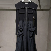 2023秋季新款休閒大翻領口袋抽繩拼接收腰顯瘦長袖洋裝中長裙女