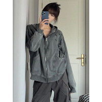 HAPIPP 美式復古做舊水洗灰色厚棉T女秋季小眾設計感連帽開衫外套