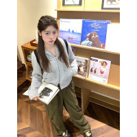 灰色雙拉鍊連帽運動衫女2023早秋新款燙鑽長袖開衫修身顯瘦短款外套