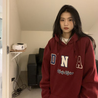 橘子樹在哪兒美式休閒字母刺繡連帽運動衫女春款寬鬆復古中性風帽衫