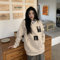 橘子樹在哪兒照片拼貼加絨連帽運動衫女秋冬寬鬆中性風復古杏色帽衫