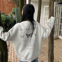 橘子樹在哪兒蝴蝶印花圓領厚棉T女春秋韓系慵懶風寬鬆休閒長袖上衣