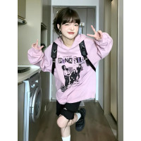 美式印花粉色連帽運動衫女2023秋季新款復古chic長袖寬鬆慵懶風上衣