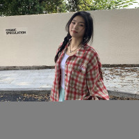 橘子樹在哪兒復古紅色格子長袖襯衫女春秋慵懶風寬鬆休閒百搭外套