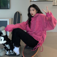 橘子樹在哪兒字母刺繡加絨連帽運動衫女春秋寬鬆小眾設計感抽繩帽衫