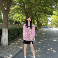 韓國ins穿搭博主字母印花粉色圓領套頭厚棉T鬼馬少女寬鬆百搭上衣