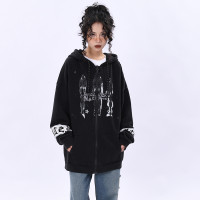 OV原創秋季高街復古做舊水洗連帽運動衫男女小眾寬鬆人影開衫外套潮