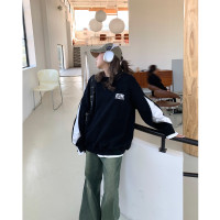 設計感小眾假兩件衛衣女春秋款2023新款春裝寬鬆黑色圓領上衣ins