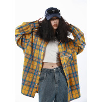 ICH MODE復古美式格紋撞色設計感寬鬆長袖開衫百搭休閒慵懶風襯衫