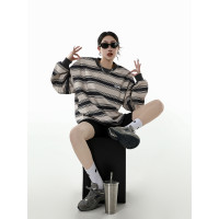 ICH MODE撞色條紋刺繡字母圓領厚棉T美式百搭寬鬆顯瘦街頭簡約上衣