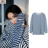 日本代購one spo明星白鹿同款衣服藍色條紋休閒上衣女oversize上衣潮
